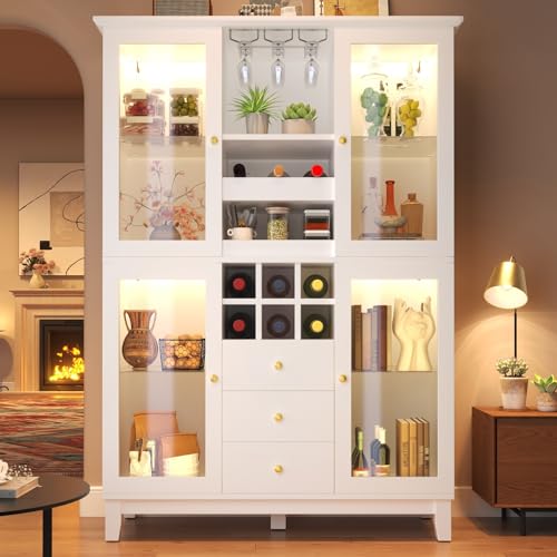 YEHTOKHOME Buffet Salon avec Éclairage LED et Porte-Bouteilles, Armoire, Vaisselier 120x40x180 cm, 3 Tiroirs, 4 Porte Vitrée Étagères Verre, Étagères...
