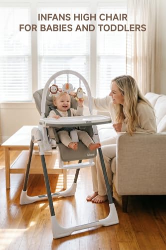 Image of INFANS High Chair for Babies and Toddlers, Foldable Highchair with 7 Different Heights 4 Reclining Backrest Seat 3 Setting Footrest, Removable Tray Built-in Rear Wheels with Locks