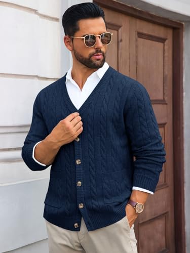 Runcati Mens Cable Knit Cardigan Sweater V Neck Casual Button Down Sweaters Long Sleeve Fall Outwear with Pockets2