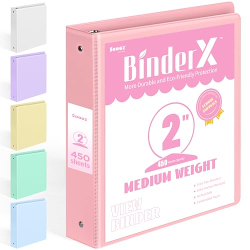 Sooez BinderX Extra Durable 3 Ring Binder Round Ring 2 Inch Binders Fits 450 Sheets of 8.5x11 Paper Customizable View Cover with Inside Pockets Cute 2 Binder School Supplies for Girls Pink