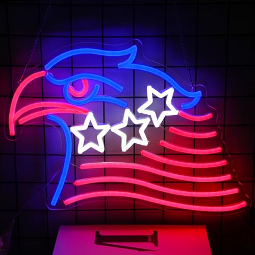 Image of Patriotic Eagle Flag Neon Sign USA Stars and Stripes Light for Wall Decor | Dimmable 4th of July Neon Sign, Acrylic Eagle LED Neon Lights for Bedroom, USB Powered, Memorial Day American Eagle Day Decor