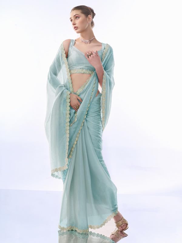 Image of ORHANS Women's Chiffon Saree with Unstitched Blouse Piece Solid Pattern and Laced Border | Lightweight Sarees for Woman | Plain Saris Daily Use | Womens Saree Modern Pattern| Stylish Saree