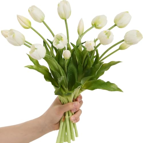 Laelfe Latex Artificial Tulips Bouquet with 6 Blooms and 4 Buds, Real Touch Fake Tulip Flowers Latex Tulips for Wedding Home Office Party Garden Decorations - 10Pcs White