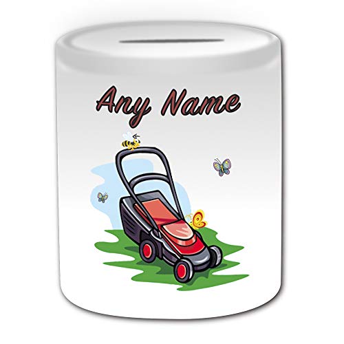 Image of UNIGIFT Personalised Gift - Lawn Mower Money Box (Occupation Design White) Any Name Message Unique Saving Piggy Bank - Job Gardener Butterfly Bee Wasp Grass Flower Orchard Tree