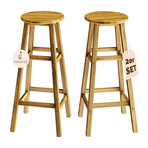 Casaria® Barhocker 2er Set Holz Akazie Outdoor 75cm Sitzhöhe Fußstütze 150kg Belastbarkeit Massiv Rund Rustikal Garten Küche Bar Stuhl Hocker Braun