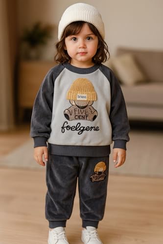 Image of Bold N Elegant Cotton Blend Cute Cartoon Bear Graphics Winter Warm Sweatshirt Hood Jacket And Jogger Pant 3 Pc Layering Clothing Set For Infant Toddler Kids