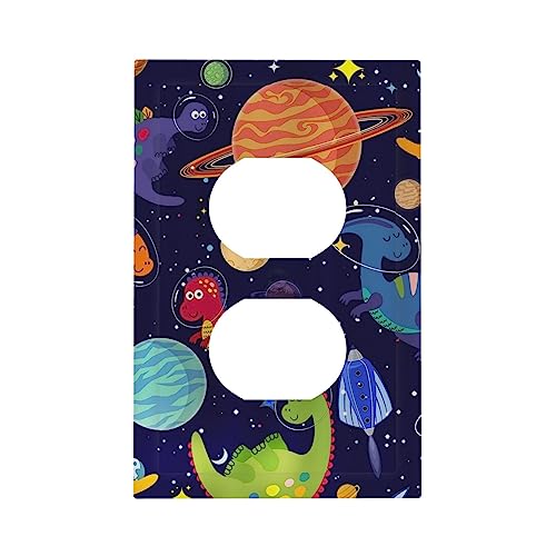 1 Gang Duplex Receptacle Switch Wall Plate Blue Cute Cartoon Dino Kids Dinosaur Universe Galaxy Outer Space Cosmos Planet Nebula Boy Girl Switchplate Mid Electrical Outlet Cover Receptacle Plug Cover