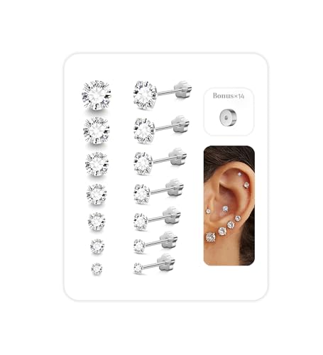 7 Pairs Hypoallergenic Stud Earrings Stacks Set for Women Men,Silver 20G 14K Gold Plated Surgical Steel Flat Back Earrings for Sensitive Ears,Shine Cubic Zirconia 2-8mm For Multiple Piercing
