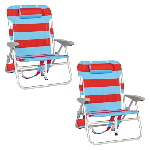 Rio Beach 2-Pack Wide Big Boy 4-Position Backpack Beach Chair with Pillow, Arms, and Storage Pouch, Lightweight Outdoor Portable Camping Chair with Carry Straps, Supports up to 300 lbs., Blue/Red by Rio Brands - Used condition - US$137.35
