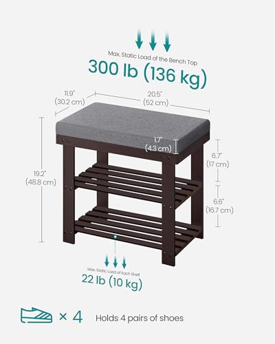 Image of SONGMICS Bamboo Shoe Bench, 3-Tier Shoe Rack Organizer for Entryway, Living Room, Bench Seat Holds Up to 300 lb, 11.9 x 20.5 x 19.2 Inches, Rustic Walnut and Slate Gray ULBS504M01