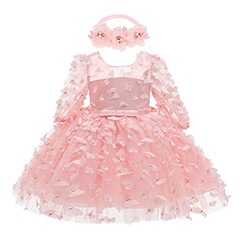 Robe de tout-petit à manches longues imprimé floral anniversaire princesse robe de mariée pour nouveau-né vêtements bandeaux filles blanches, Rose, 0-3 mois