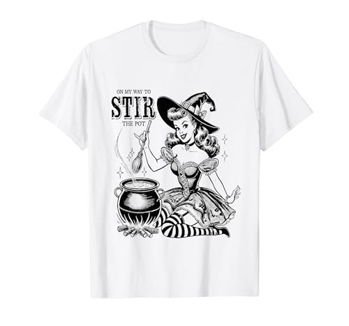 Vintage Pin-up Girl Halloween Women Witch Stir The Pot T-Shirt