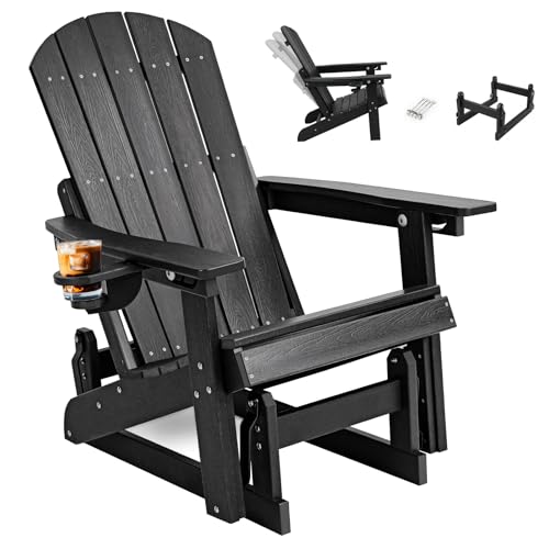 Kibaso Outdoor Glider Chair with Cup Holder, HDPE Patio Glider Rocker with 3-Position Adjustable Backrest, All-Weather Porch Glider Chair for Outside Pool, Yard, Deck (Black)