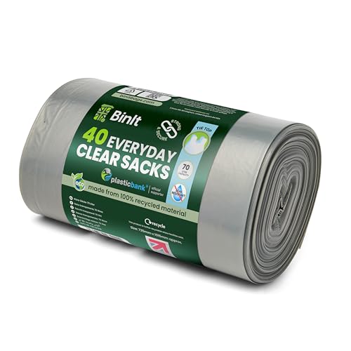 BIN IT 40 Clear Large 70L Strong & Secure Tie Top Recycling Sacks Bin Bags Bin Liners Refuse Sacks Recycled Tear Resistant 120 Gauge - 30 m Perfect for Everyday Use