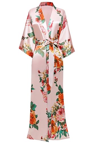 BABEYOND Women's Kimono Robe Long Satin Silky Floral Lightweight Bridesmaid Wedding Bachelorette Party Robe