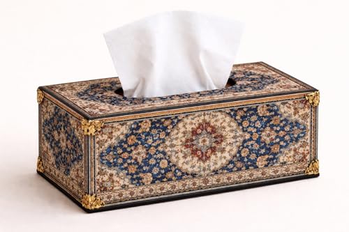 Image of Wooden Tissue Box Holder with Imperial Kashan Art Print Premium Decorative Tissue Case for Home, Office & Hotel Decor Durable MDF Build Size 6.5 x 5 x 3 Inch