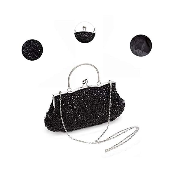 EROUGE Beaded Sequin Design Flower Evening Purse Large Clutch Bag (Black) - Image 7