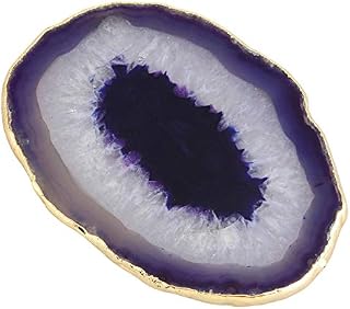 mookaitedecor Set of 2 Purple Crystal Agate Slice Coasters for Drinks, Gold Edged Coasters Semi Precious Stone Geode Coaster Quartz Cup Mats, 3.1-3.9 Inch