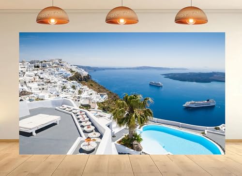 5x3ft Santorini Infinity Pool Backdrop Whitewashed Cliffs Aegean Sea Cruise Ships Scenery Photo Background Tapestry for Luxury Wedding Vacation Party Home Decorations Studio Props