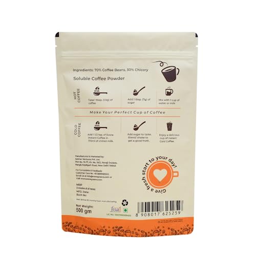 Image of Evora Greens Filter Instant Coffee | Arabica Robusta Chicory Blend | South Indian Style Strong Taste | Hot Filter Coffee | Makes ~50 Cups | 500g Glass Jar