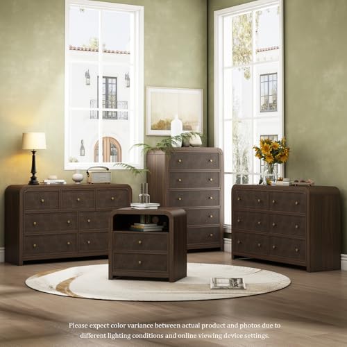 Image of Oak&Sparrow 6 Drawer Dresser for Bedroom, 49'' Rattan Dresser with Ample Storage, Boho Chest of Drawers, Thickened Curved Profile Design, Dark Walnut Dressers for Bedroom, Living Room
