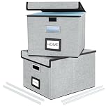 Finew Upgraded Portable File Organiser Box with Lid, Foldable Linen Hanging Filing Storage Boxes with Plastic Slide, Decorative Home/Office Filing System for File and Folders Storage 2 Pack(Grey)
