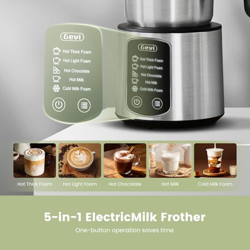 Image of Gevi Milk Frother,5 in 1 Stainless Steel Professional Milk Steamer，Easy to Clean Hot Chocolate Maker,for Hot and Cold Milk Frother for Latte,Macchiato,Cappuccino and Hot Chocolate