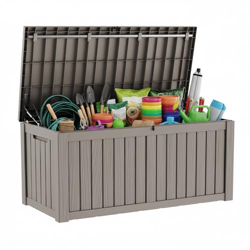 Image of 200 Gallon Large Outdoor Storage Box Waterproof, UV Resistant Resin Deck Box with Hydraulic Rod & Lockable Latch for Patio Furniture, Outside Storage Box for Garden Tools, Patio Cushions, Gray