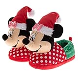 Disney Minnie Mouse Christmas Slippers for Girls - Kids Cozy Plush Santa House Shoes - Red Green (Sizes 11-12 Little Kid)