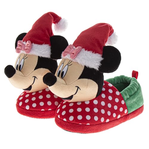 Disney Minnie Mouse Christmas Slippers for Girls - Kids Cozy Plush Santa House Shoes - Red Green (Sizes 5-6 Toddler)