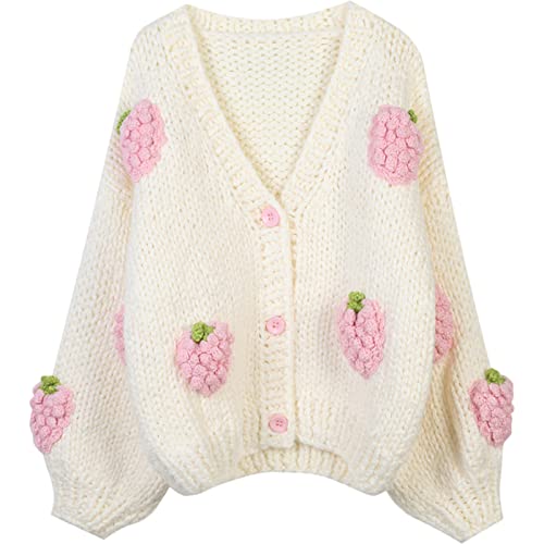 Image of V Neck Sweaters for Women Cute Strawberry Button Loose Cardigan Sweater Open Front Cable Cropped Knit Top