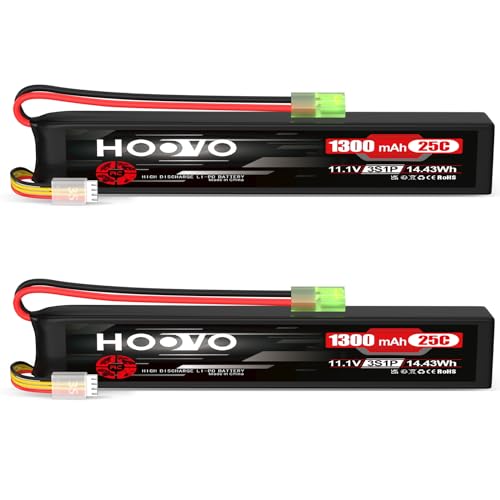 HOOVO Airsoft Battrie 1300mAh 3S 11.1V 25C Lipo Battery Rechargeable Battery for Airsoft with Mini Tamiya Connector (2pcs)