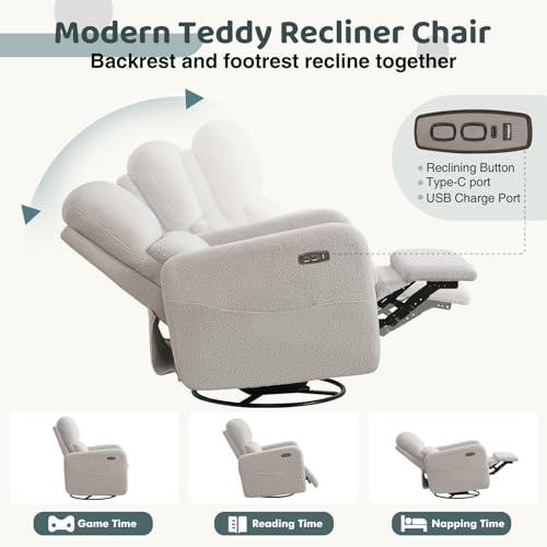 Image of Power Swivel Rocker Recliner, Oversized Electric Boucle Recliner Chair, Teddy Swivel Glider Nursery Reclienr with Removable Cushion, Upholstered Recling Chair for Living Room Bedroom, Grey