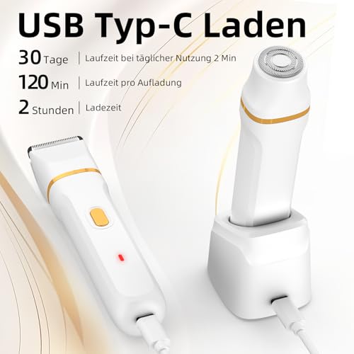 Rasierer Damen, Gesichtshaarentferner für Frauen 2 in 1 Intimrasierer für Frauen, 2 Aufsätzen und Präzisionskamm für Arm & Bein & Bikini, IPX7 Wasserdicht Einfache Reinigung (Weiß)