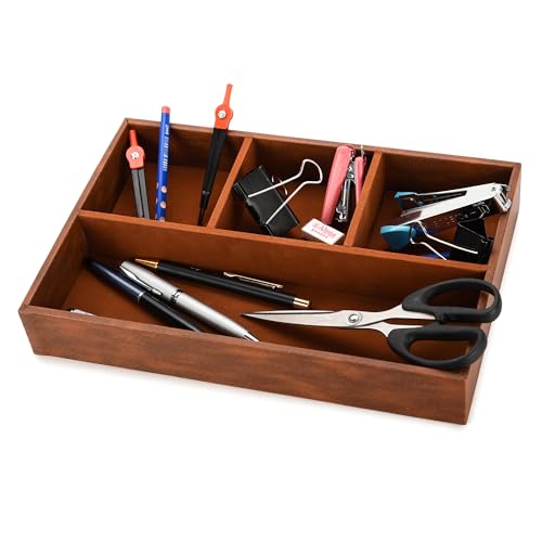 Image of Desk Organizer Tray Faux Leather 4 Compartment for Multi-Functional, Office, Study Table, Cosmetic Organizer in Tan Brown