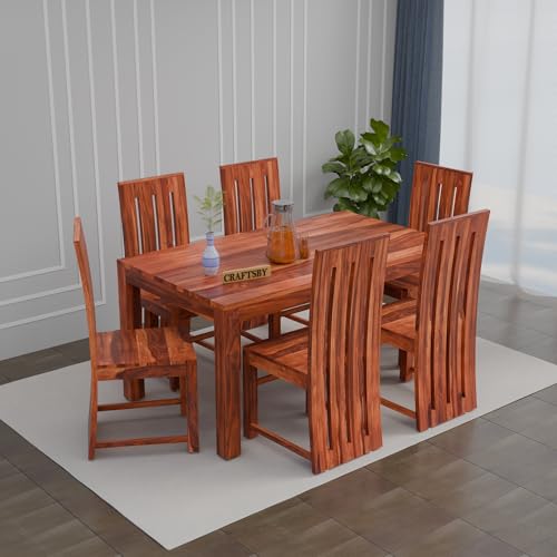 Image of 57 Inch Length Solid Sheesham Wood 6 Seater Dining Table Set | Six Seater Dinner Table with 6 High Chairs | Dinning Table Set 6 Seater for Living Room | Table & Chair, Honey Finish
