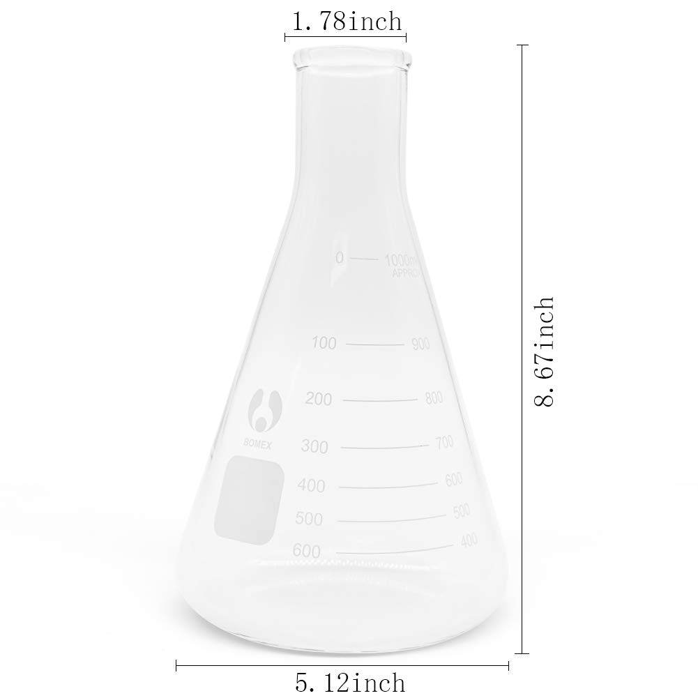 Erlenmeyer - Juego de frascos de vidrio de boca estrecha de 1000 ml