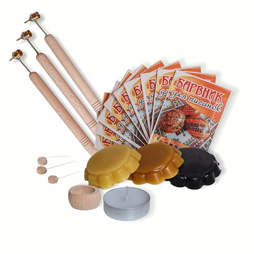 Easter Egg Decorating Kit for Pysanky, Ukrainian Egg Decorating Set with 3 Wax Writer Pens, 3 Beeswax, 10 Dyes, Candle, Egg Stand and Instructions, Candle -...