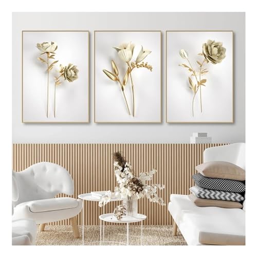 Images pour salon et décoration d'intérieur moderne triptyque fleurs dorées 40x60cm