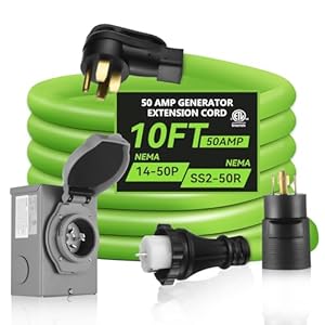 50 Amp Generator Cord 10FT, NEMA 14-50P/SS2-50R Twist Lock Connector, Pre-Drilled 50 Amp Generator Inlet Box with Cord,125/250V 12500W Generator Power Cord 50A 4 Prong Green, ETL Listed