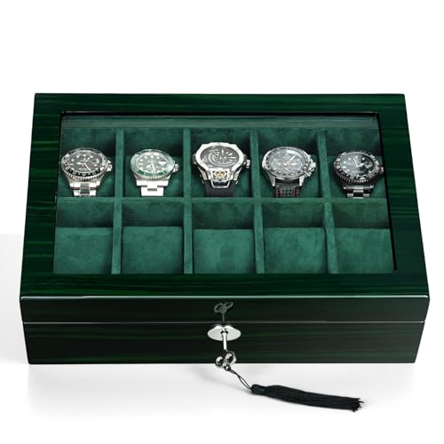 Caja de reloj para hombre, caja de almacenamiento para 10 relojes, pantalla de reloj inteligente, madera verde con interior de gamuza suave, ventana de cristal grande