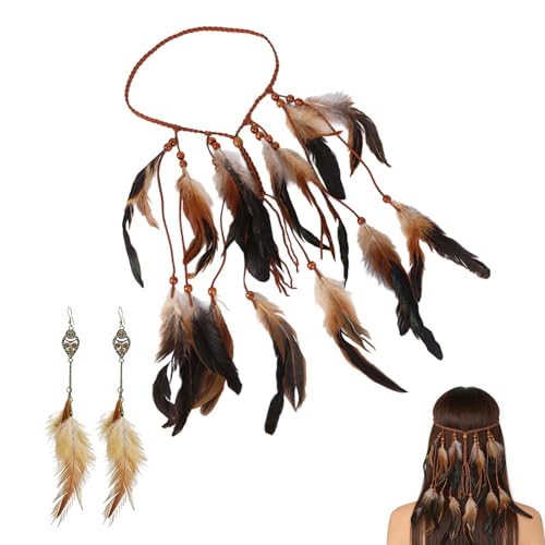 Attrape-rêves tribal avec bandeau en plumes, 1 paire de boucles d'oreilles plumes, 35 cm, noir et blanc, accessoires bohèmes pour fêtes, cérémonies et...