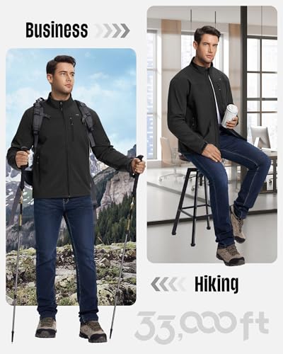 33,000ft Softshelljacke für Herren Wasserdichte Übergangsjacke Fleece Gefütterte Winddichte Outdoorjacke Funktionsjacke für Outdoor Freizeit Schwarz M