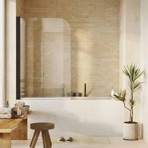 Image of Bathtub Shower Screen 32 Inch Wide x 55 Inch High, Semi-Frameless Curved Splash Guard with 6mm Tempered Glass, Matte Black Aluminum Frame, Space-Saving Water Barrier for Tub /Shower
