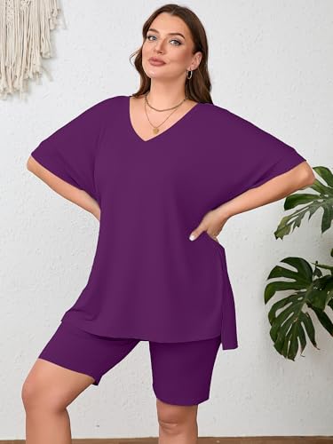 Image of AusLook Women's Plus Size 2 Piece Short Outfits Set Short Sleeve Tops and Shorts Pants Lounge Jogging outfits Matching Set