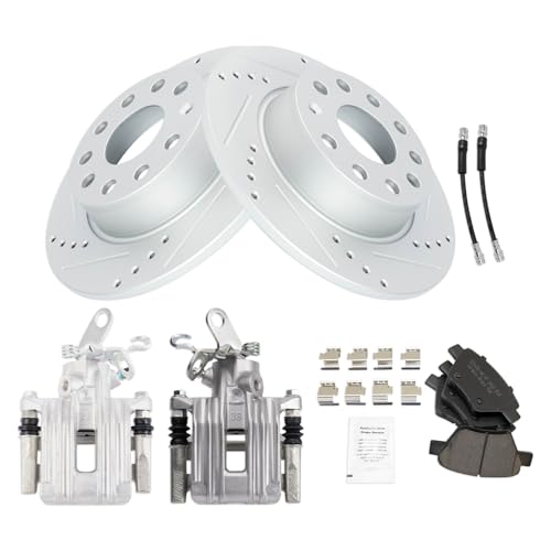Image of TRQ Performance Rear Brake Pad and Rotor Set Ceramic Slotted Drilled 272mm Rotors Calipers Compatible with 2010 Audi A3 2010-2014 Volkswagen Jetta