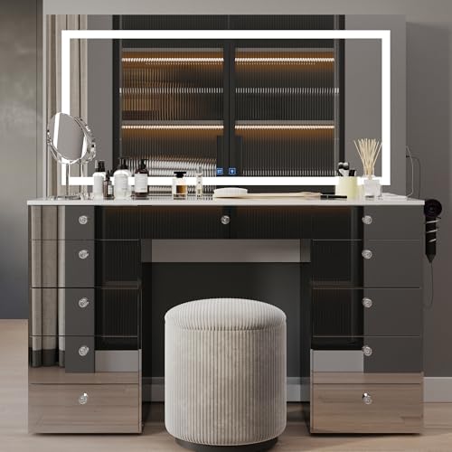 Boahaus Lydia Extra Large Makeup Vanity Desk with Dimmable LED, 2 Bluetooth Speakers, USB Type C & Type A, 110 V Power Outlet, 11 Drawers, Crystal Knobs, Premium Mirrored