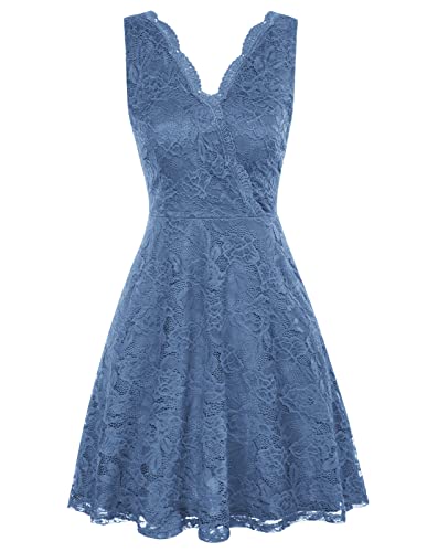 Damen Vintage Brautjungfer Kleid V-Ausschnitt Spitze Cocktailkleid...