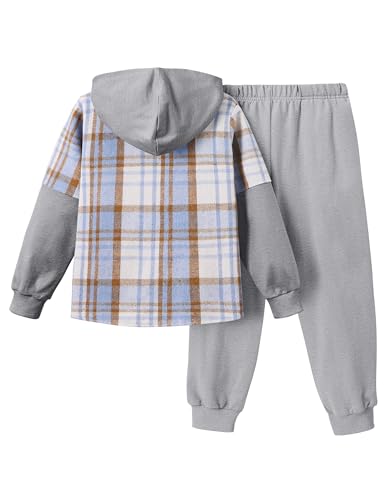 Image of 2Pcs Boys Clothes Sweatsuit Set Hoodie Flannel Plaid Shirt and Jogger Pants for Kids Fall Winter Spring Outfits