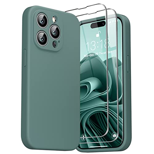 GOODVISH 3 in 1 Designed for iPhone 14 Pro Silicone Case 2022, with 2 Pack Screen Protector, Full Cover [Enhanced Camera Protection] 6.1" Soft 14pro Case[Anti-Scratch Microfiber Lining], Pine Green